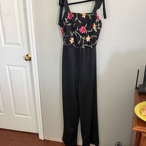 Chic Black Jumpsuit with Floral Embroidery